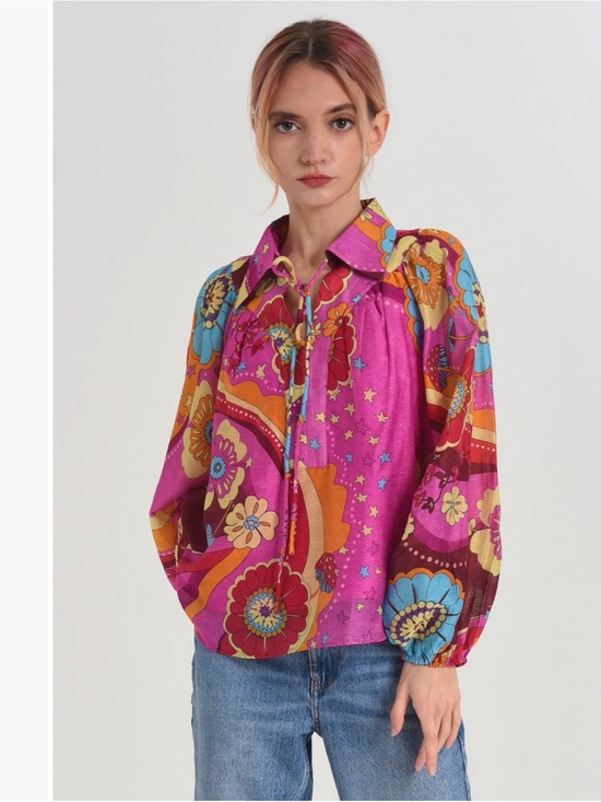 Ciebon Tops - Ciebon- Printed Pink Floral Button-Down Blouse with Balloon Sleeves-XS runs S/M